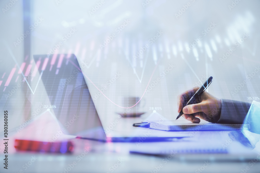 Poster Multi exposure of forex chart with man working on computer on background. Concept of market analysis.