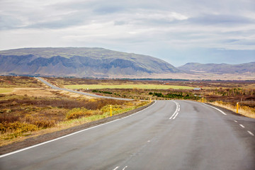 Scenic landscape view of Icelanding road and beatuiful areal view of the nature