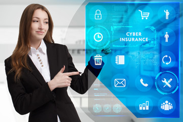 Business, Technology, Internet and network concept. Young businessman working on a virtual screen of the future and sees the inscription: Cyber insurance