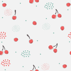 Cute Seamless Pattern cherries dotted background. hand Drawn Delicate Design