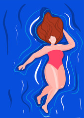 Funky flat woman illustration swimming in the sea. Colorful vector illustration.	