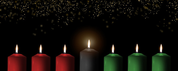 Kwanzaa for African-American cultural holiday celebration with candle light of seven candle sticks...