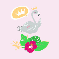 Flamingo with a crown in hibiscus flowers. Vector illustration.
