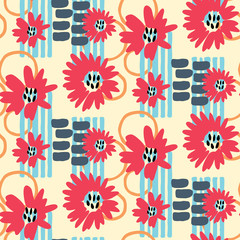 abstract seamless repeat pattern with flowers, stripes and circles