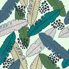 Abstract banana leaf seamless pattern. Hand drawn exotic plant wallpaper.