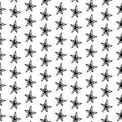 Stars pattern. Hand-drawn doodle stars on white background. Seamless vector backdrop. Black and white.