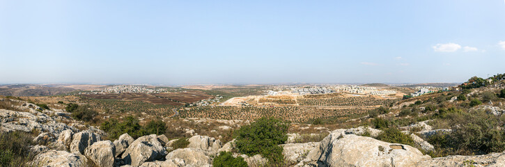 Panoramic view from the place called the Balcony of Israel in the Jewish settlement Peduel to the Samaria region in Benjamin and Israel in the distance - obrazy, fototapety, plakaty
