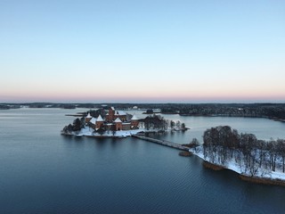 Fototapeta premium Trakai castle. Drone footage. Winter. Lithuania.