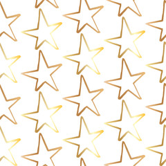 Obraz premium Stars golden pattern. Hand-drawn doodle stars on white background. Seamless vector backdrop.