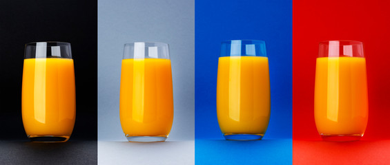 Glass of orange juice isolated on different color backgrounds