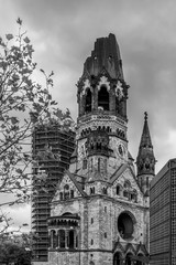 Impressive black and white view of the ruins of the Kaiser Wilhelm Gedächtniskirche church in the...