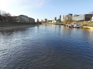 Vilnius river Neris. Drone footage. Vilnius downtown. Lithuania.