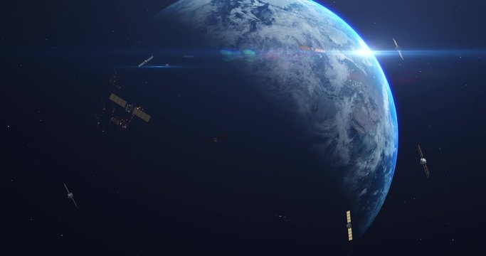 Fast Camera Zoom To The Planet Earth. Satellites Flying Around Orbiting Planet Earth. Technology Related Scene. 4K CG Animation Of Dramatic Scene. Earth Images From NASA