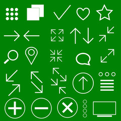 White icons pack, signs set on a green background. Vector illustration