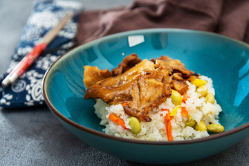 Asian style caramel pork with rice and vegetable