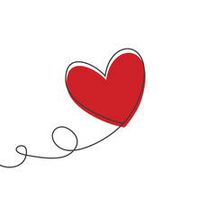 Heart shaped balloon in continuous drawing lines and glitch red heart in a flat style in continuous drawing lines. Continuous black line. The work of flat design. Symbol of love and tenderness