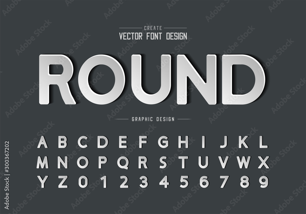 Poster paper font and round alphabet vector, design typeface and number, graphic text on background