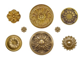 Set of golden decorative elements with floral pattern isolated on white background