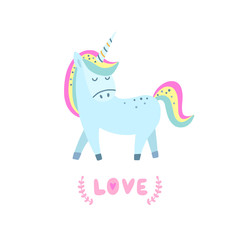 Cute unicorn isolated on white background. Vector magic horse illustration for little kids with pink lettering