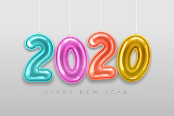 Colorful foil balloons making Happy New Year 2020 text vector illustration