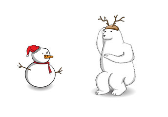 Abstract Christmas character, creative funny illustration, cute bear and snowman on white background for decoration graphic design and artwork, Merry Christmas and happy new year conceptual.