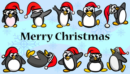 Set of funny Christmas penguins in different poses in cartoon style.