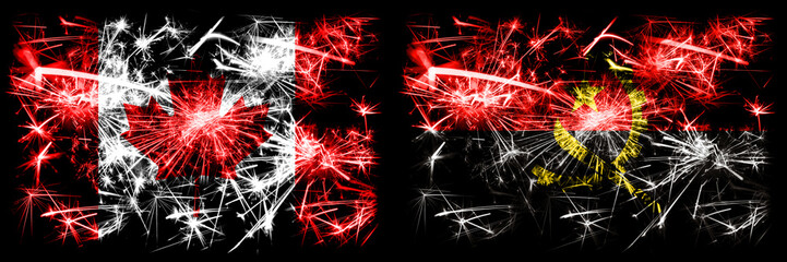 Canada, Canadian vs Angola, Angolan New Year celebration sparkling fireworks flags concept background. Combination of two abstract states flags