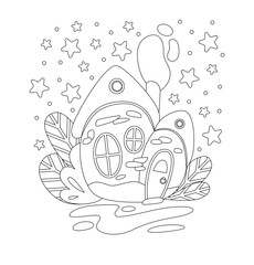 Fairytale house. Winter illustration with a house. Vector. Silhouette linear image for kids coloring