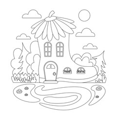 Coloring image for kids. Fairytale house. Summer illustration with a boot house. Vector. Silhouette linear image for kids coloring