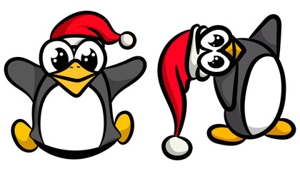 Two funny and wriggling penguins in Christmas hats in vector cartoon style.