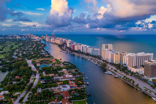 Aerial photo Miami Beach Indian Creek colorful scene