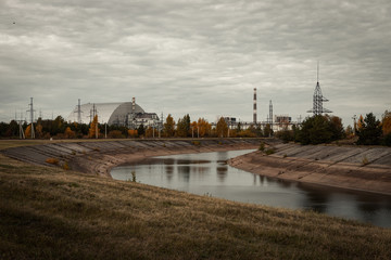 Close-up of safe confinement cover over Chernobyl nuclear reactor number 4 in the Chernobyl...