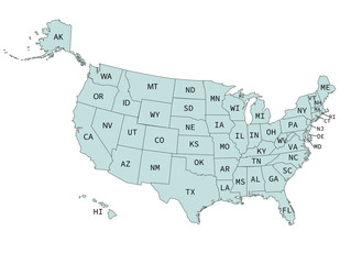 The USA state vector map with abbreviations isolated on white background