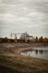Close-up of safe confinement cover over Chernobyl nuclear reactor number 4 in the Chernobyl...