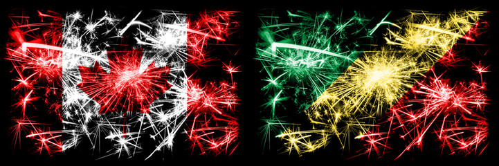 Canada, Canadian vs Congo, Congolese New Year celebration sparkling fireworks flags concept background. Combination of two abstract states flags