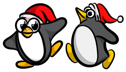 Two funny penguins in Christmas hats in vector cartoon style