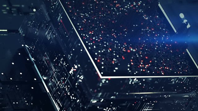 CPU is analyzing data flow. Futuristic technology design. Seamless loop 3D render animation with DOF