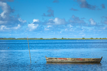 Obraz premium Pond with wooden boat in sunny day