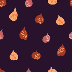 Seamless vector pattern with hand-drawn figs with leaf and berry cutouts in bold colors on a dark background. Fresh botanical illustration for stationery, packaging, fabric, home goods.