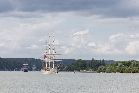 Tall ship Shabab Oman II sailing on the Seine River, Armada 2019, Normandy, France