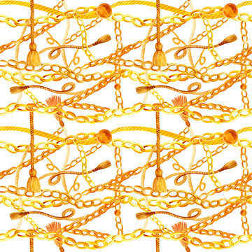 Seamless pattern on white isolated background. Gold chains and ropes. Background, watercolor painting, hand-drawing 