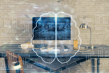 Double exposure of table with computer and brain hologram. Data innovation concept.