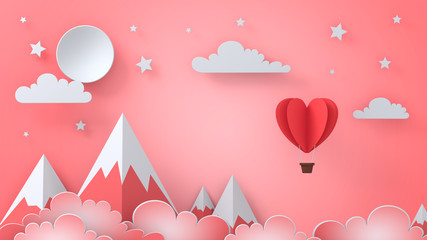 Pink Color Origami Hot Air Balloon Flying On The Sky Above The Clouds And Mountains