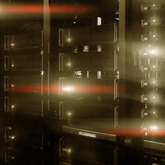 Square Technology Business Banner. Server Rack Supercomputer.