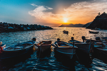 boats at sunset in Cinque Terre