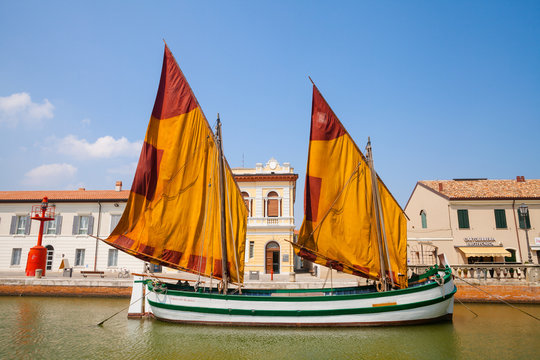 Cesenatico, Italy - August 26, 2019: museum of boats in the Porto Canale Leonardesco of Cesenatico, Emilia Romagna, Puglia, Italy