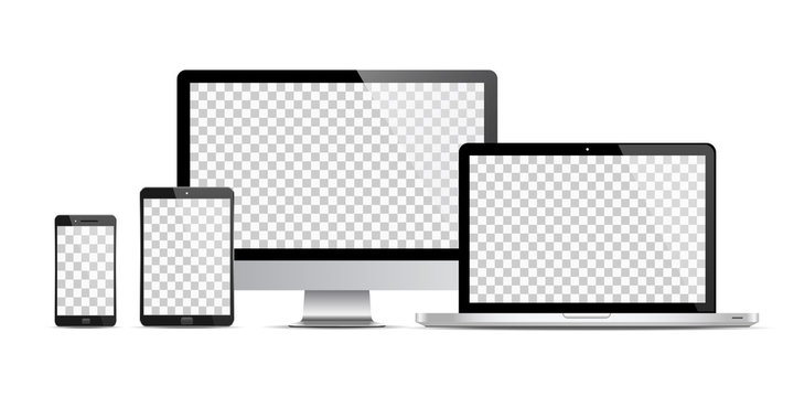 Realistic set of monitor, laptop, tablet, smartphone vector illustration. EPS 10
