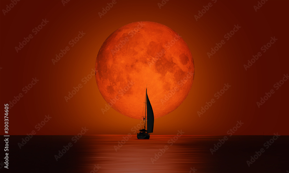 Poster lone yacht with full moon 