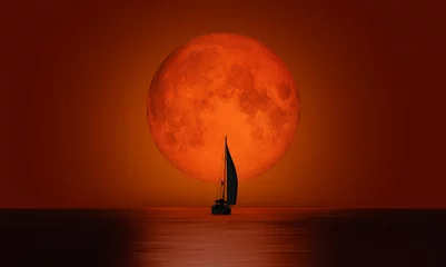 Wall murals Rood violet Lone yacht with full moon "Elements of this image furnished by NASA "