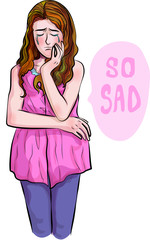 cute girl stand alone very sad and cry illustrator cartoon vector